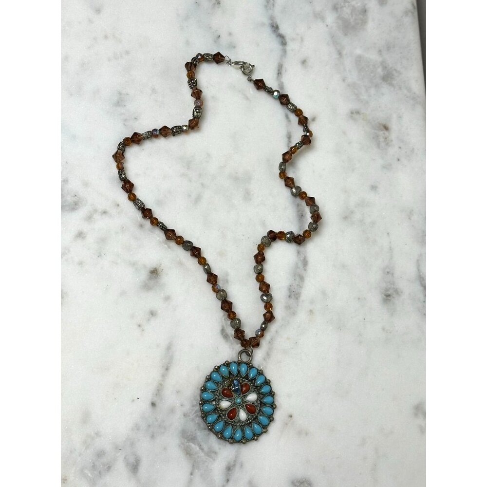 Boho Beaded Necklace Turquoise Style Pendant Southwestern Statement 18” - Picture 3 of 7